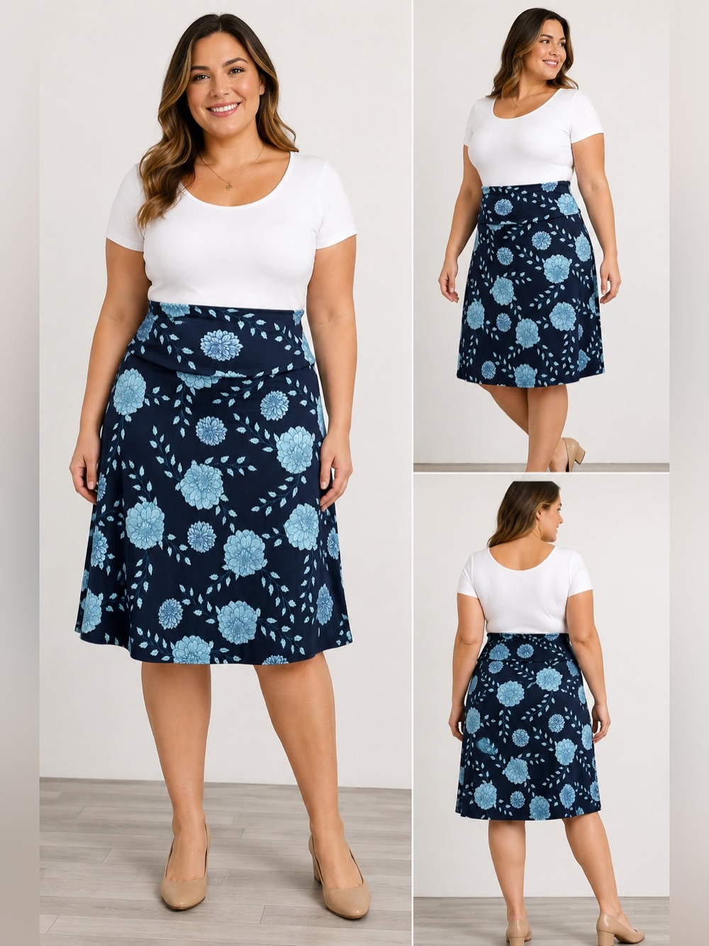 NWT LuLaRoe Navy Skirt with Light Blue Floral Print